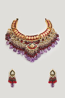 Gold Finish Kundan Polki Meenakari Choker Necklace Set