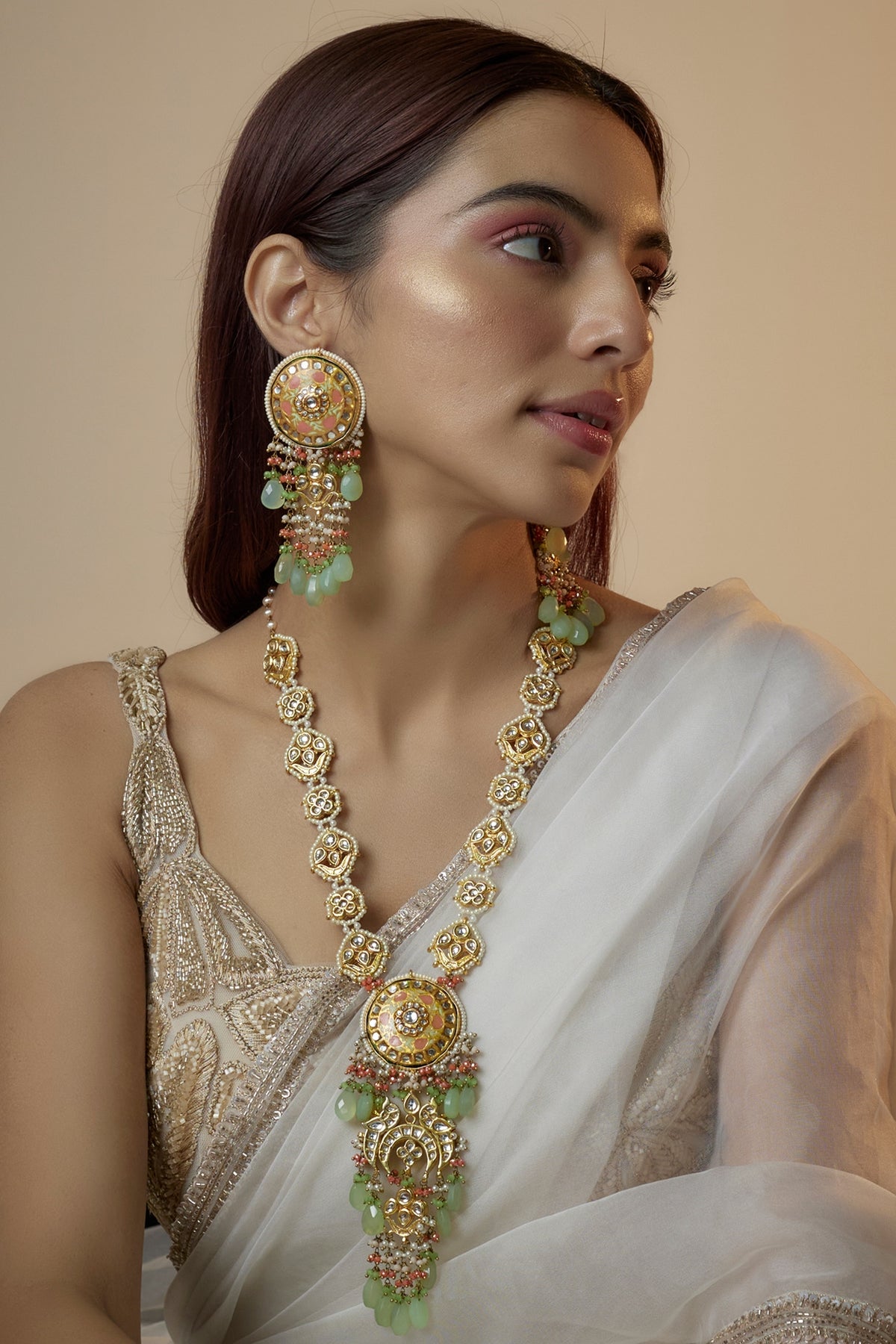 Gold Finish Kundan Polki Meenakari Necklace Set