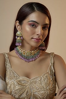 Gold Finish Kundan Polki & Pearl Meenakari Choker Necklace Set