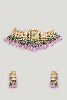 Gold Finish Kundan Polki & Pearl Meenakari Choker Necklace Set