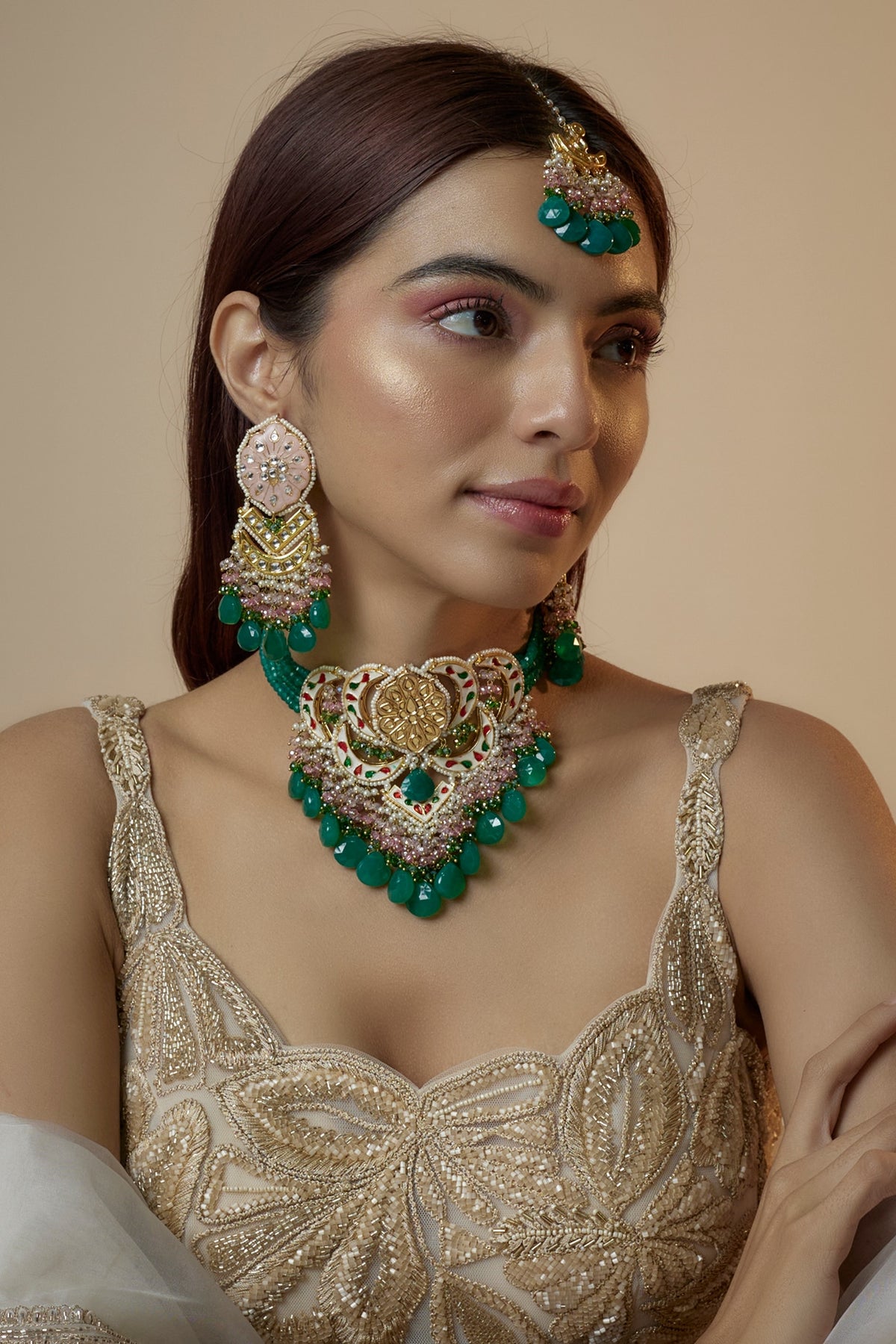 Gold Finish Pink & Green Kundan Polki & Pearl Meenakari Choker Necklace Set
