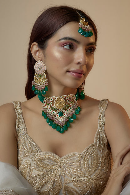 Gold Finish Pink & Green Kundan Polki & Pearl Meenakari Choker Necklace Set