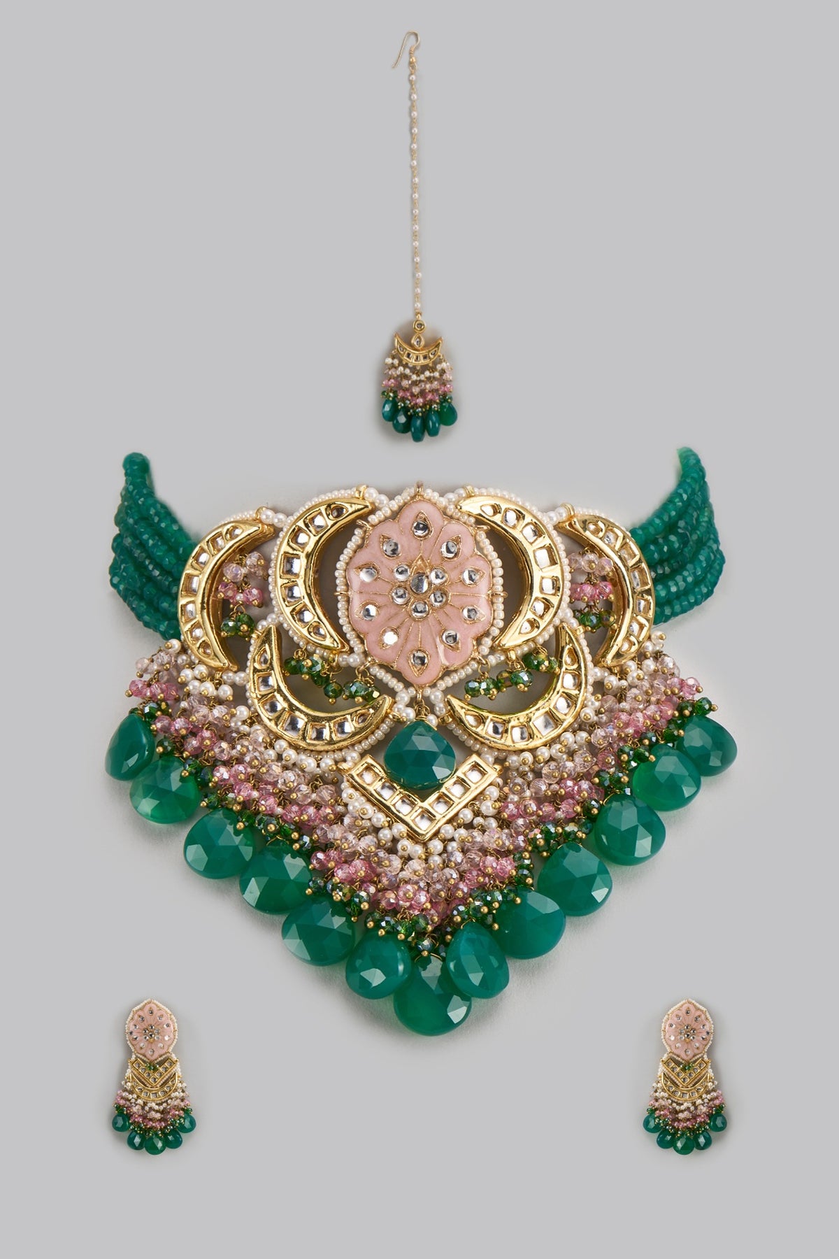 Gold Finish Pink & Green Kundan Polki & Pearl Meenakari Choker Necklace Set