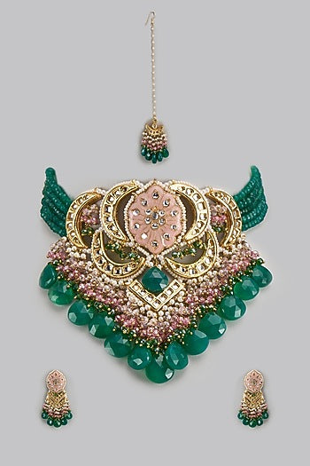 Gold Finish Pink & Green Kundan Polki & Pearl Meenakari Choker Necklace Set