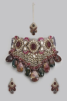 Victorian White Finish Red Kundan Polki & Pearl Choker Necklace Set