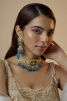 Gold Finish Kundan Polki & Pearl Choker Necklace Set