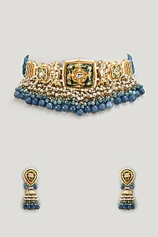 Gold Finish Kundan Polki & Pearl Choker Necklace Set