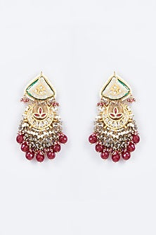 Gold Finish Kundan Polki & Natural Stone Meenakari Dangler Earrings
