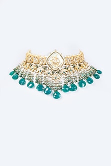 Gold Finish Kundan Polki & Moonstone Meenakari Choker Necklace