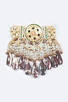 Gold Finish Kundan Polki & Moonstone Meenakari Choker Necklace