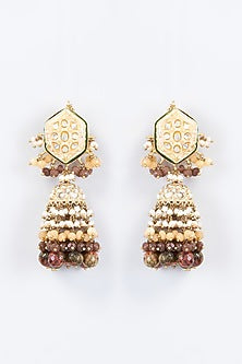 Gold Finish Kundan Polki & Natural Stone Meenakari Dangler Earrings
