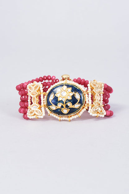 Gold Finish Kundan Polki & Natural Stone Meenakari Bracelet