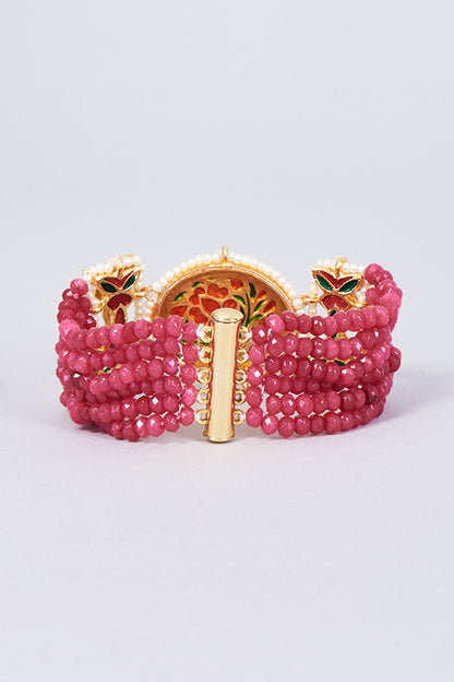 Gold Finish Kundan Polki & Natural Stone Meenakari Bracelet