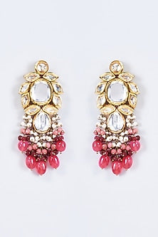 Gold Finish Kundan Polki & Pearl Meenakari Dangler Earrings