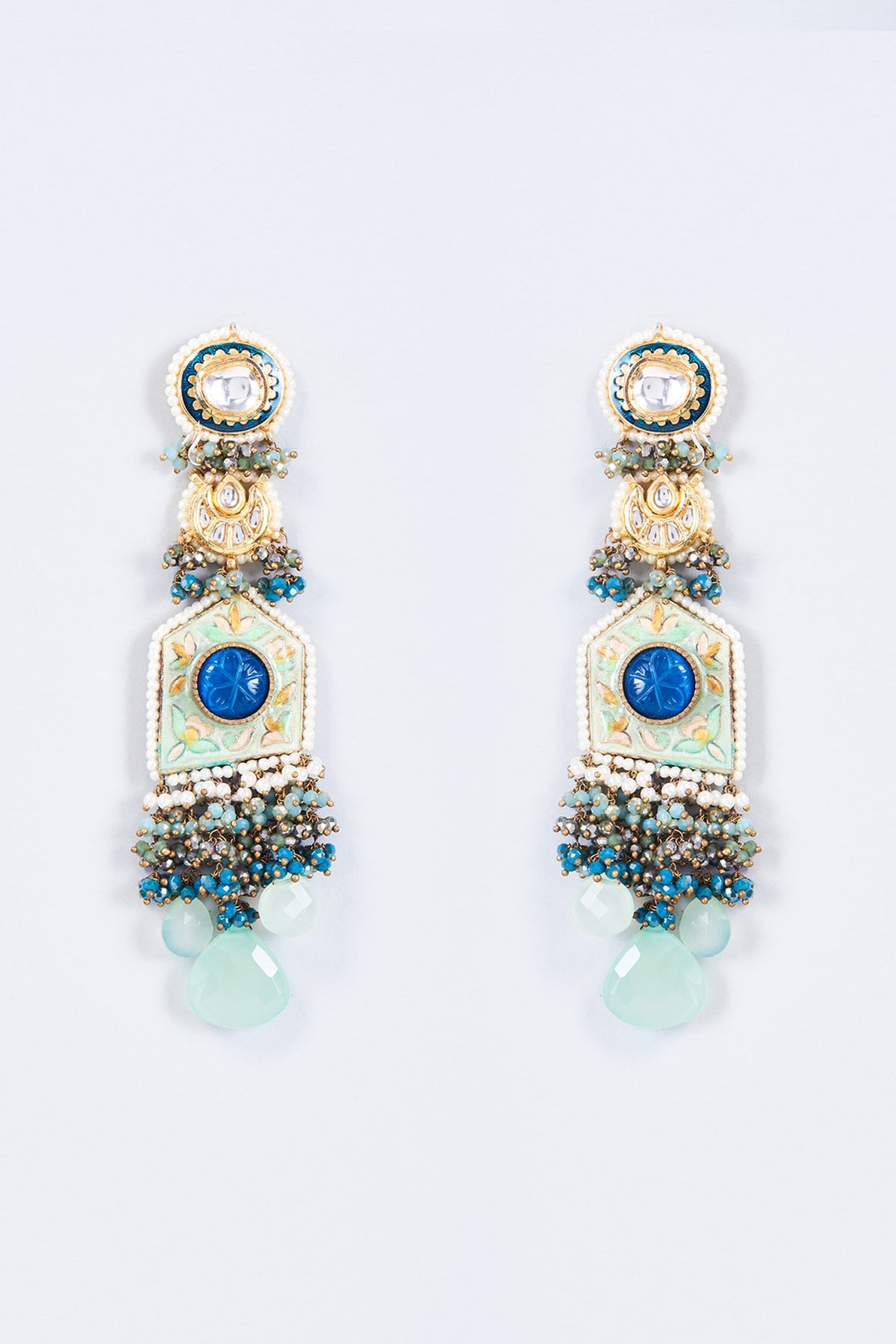 Gold Finish Kundan Polki & Pearl Meenakari Dangler Earrings