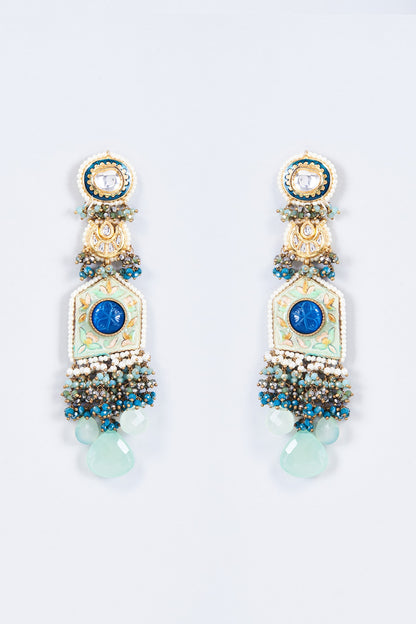 Gold Finish Kundan Polki & Pearl Meenakari Dangler Earrings
