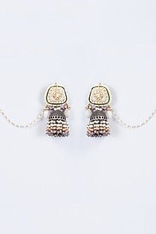 Gold Finish Kundan Polki & Pearl Meenakari Dangler Earrings