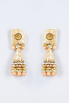 Gold Finish Kundan Polki & Pearl Meenakari Dangler Earrings
