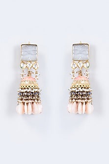 Gold Finish Kundan Polki & Pearl Meenakari Dangler Earrings