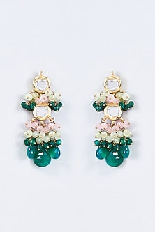 Gold Finish Kundan Polki & Pearl Meenakari Dangler Earrings