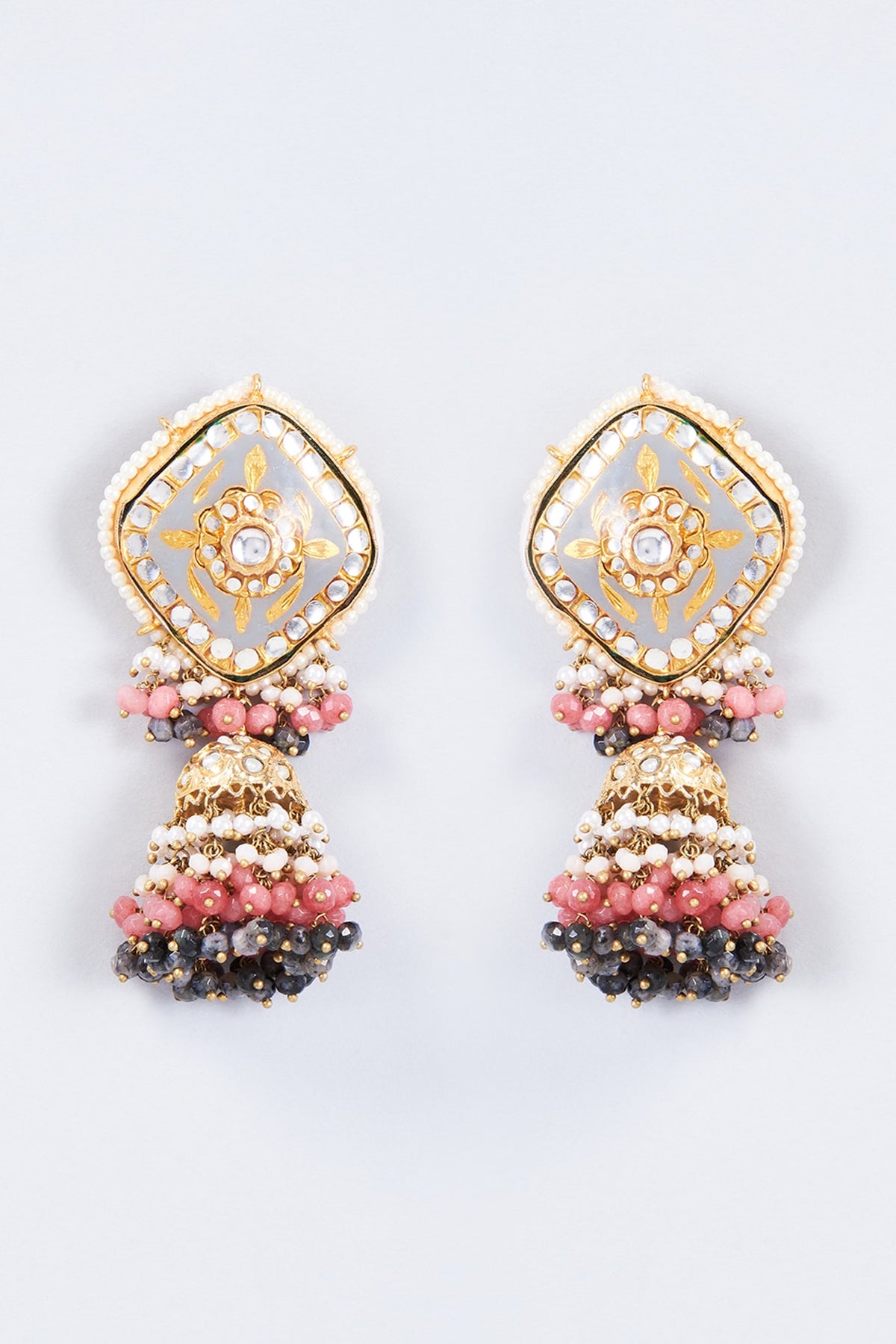 Gold Finish Kundan Polki & Pearl Meenakari Dangler Earrings