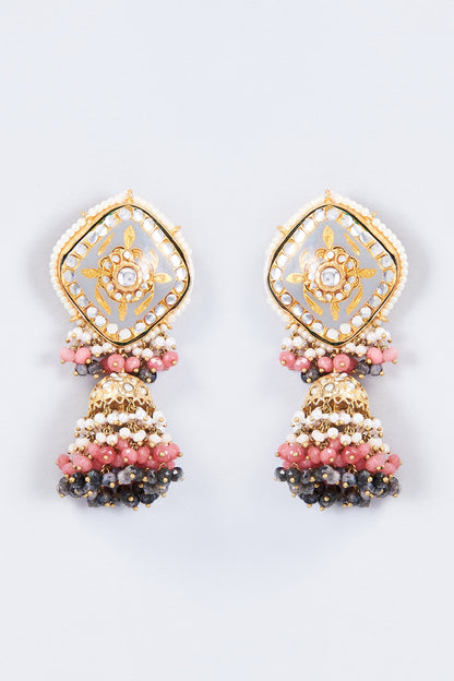 Gold Finish Kundan Polki & Pearl Meenakari Dangler Earrings