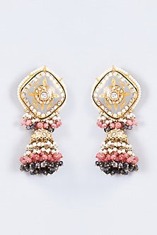 Gold Finish Kundan Polki & Pearl Meenakari Dangler Earrings