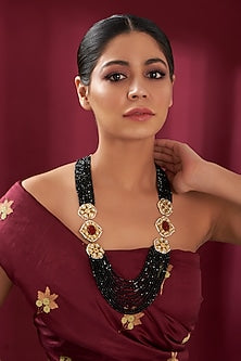 Gold Finish Sapphire Stone Beaded Meenakari Long Necklace