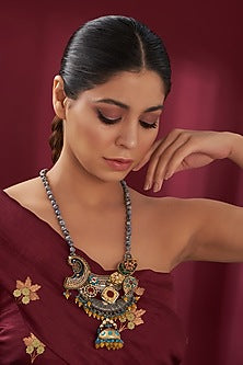 Silver Finish Multi-Colored Stone & Pachi Kundan Beaded Long Necklace