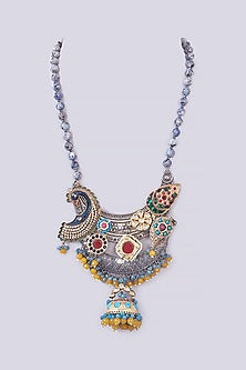 Silver Finish Multi-Colored Stone & Pachi Kundan Beaded Long Necklace