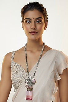 Silver Finish Kundan Polki & Pink Stone Beaded Long Necklace