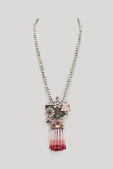 Silver Finish Kundan Polki & Pink Stone Beaded Long Necklace