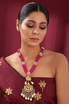 Gold Finish Pink Agate & Kundan Long Necklace