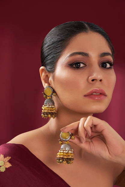 Gold Finish Yellow Aagte & Natural Stone Dangler Earrings