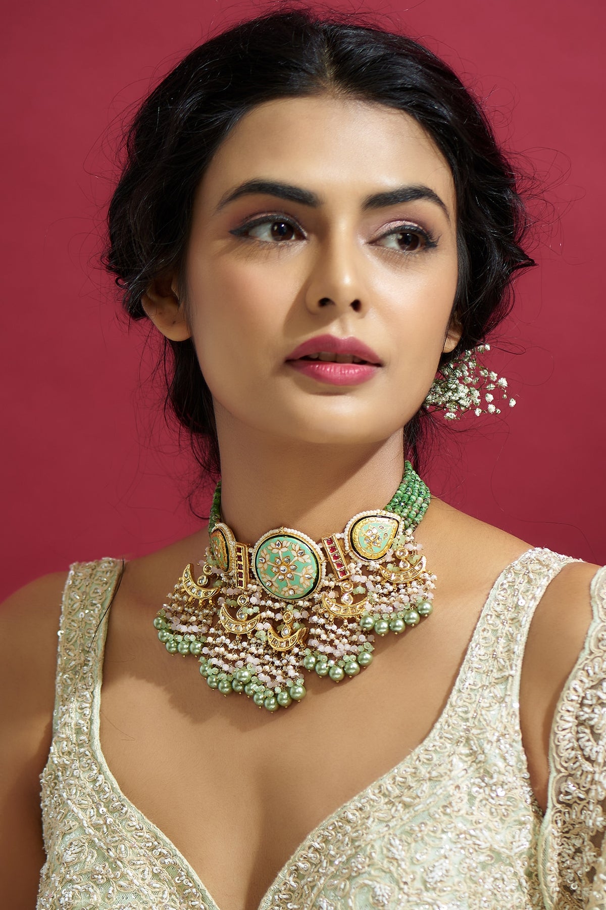 Gold Finish Kundan Polki Meenakari Necklace