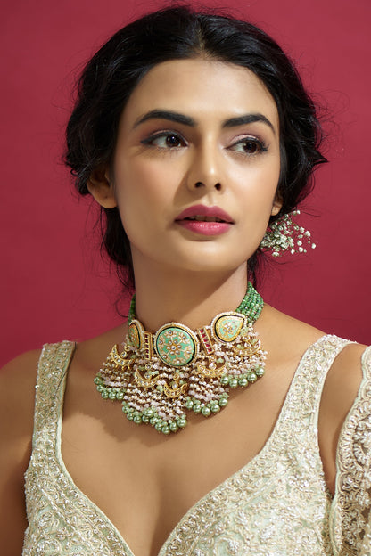 Gold Finish Kundan Polki Meenakari Necklace