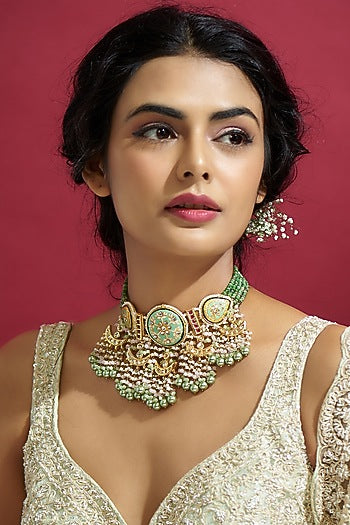 Gold Finish Kundan Polki Meenakari Necklace