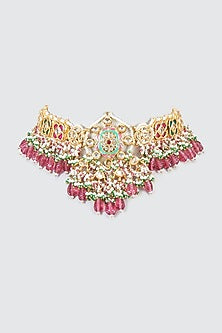 Gold Finish Kundan Polki Meenakari Choker Necklace