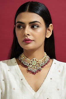 Gold Finish Kundan Polki Meenakari Choker Necklace
