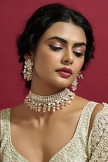 Rose Gold Finish Kundan Polki Choker Necklace Set