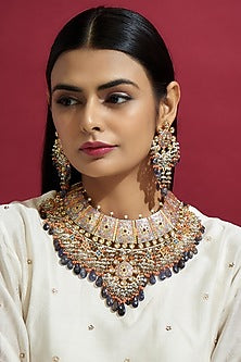 Gold Finish Kundan Polki Meenakari Choker Necklace Set