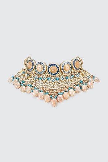 Gold Finish Kundan Polki Meenakari Choker Necklace