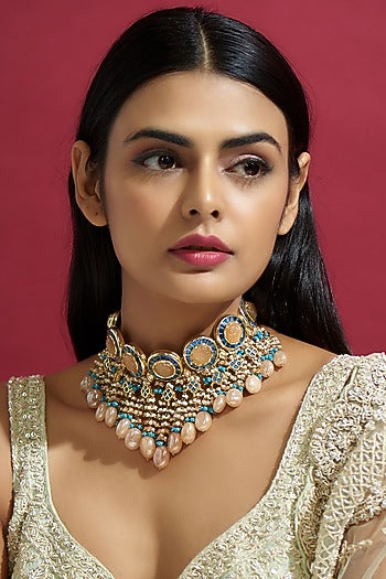 Gold Finish Kundan Polki Meenakari Choker Necklace