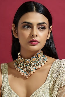 Gold Finish Kundan Polki Meenakari Choker Necklace