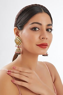 Gold Finish Grey Agate & Natural Stone Meenakari Dangler Earrings