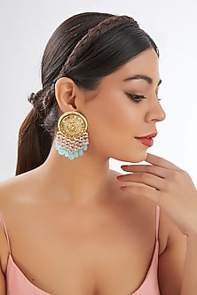 Gold Finish Blue Agate & Natural Stone Meenakari Dangler Earrings