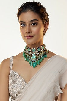 Gold Finish Turquoise Stone Meenakari Choker Necklace