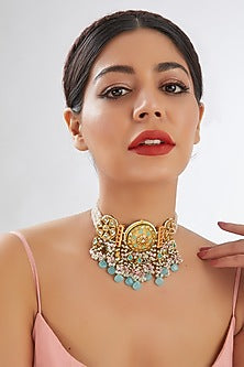 Gold Finish Blue Agate & Semi-Precious Stone Meenakari Choker Necklace