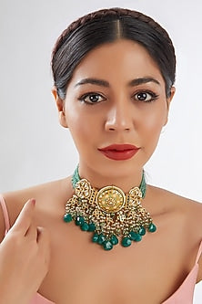 Gold Finish Green Agate & Semi-Precious Stone Meenakari Choker Necklace