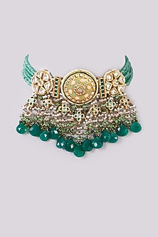 Gold Finish Green Agate & Semi-Precious Stone Meenakari Choker Necklace